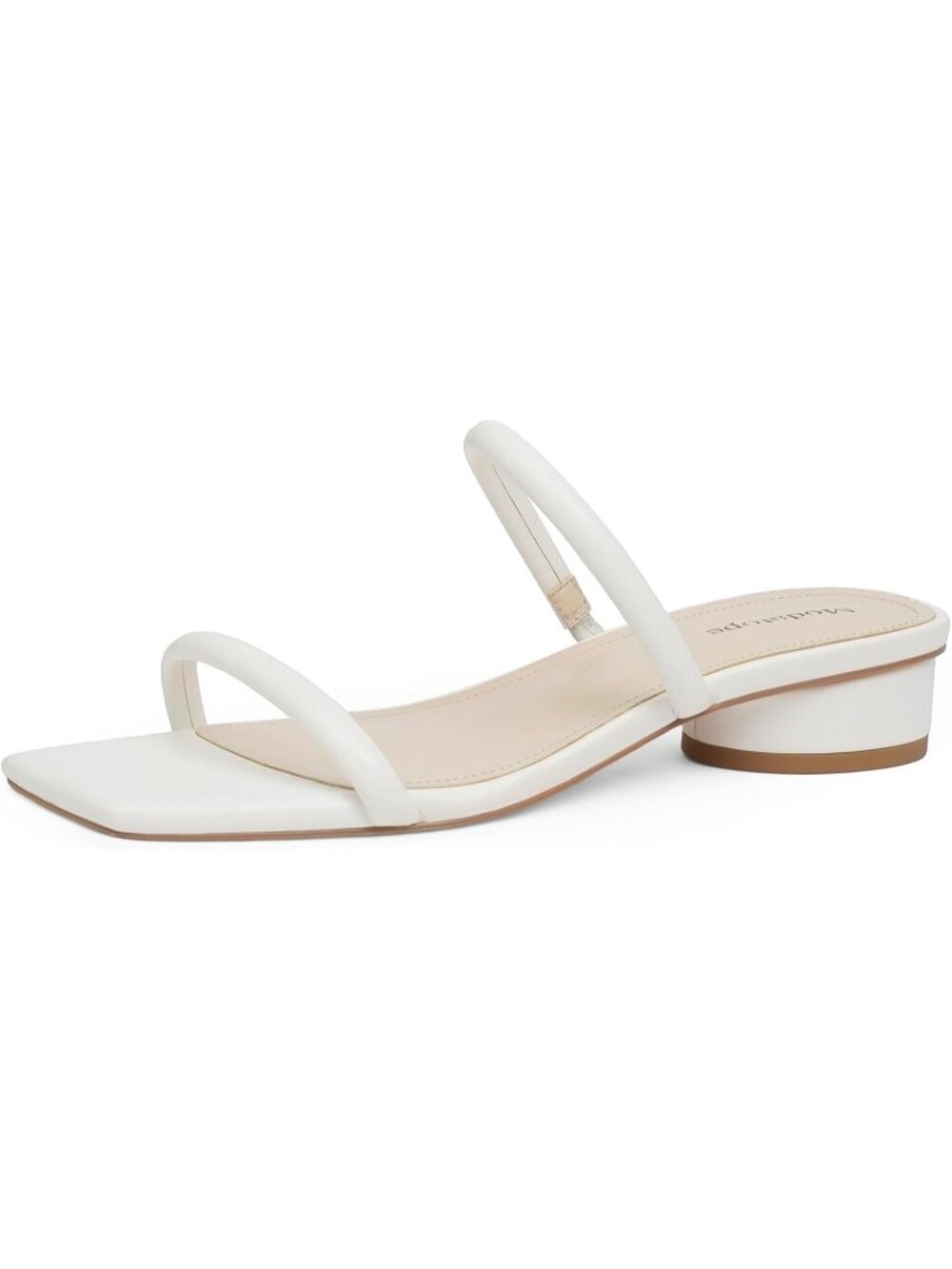 Women's White Faux Leather Two Strap Chunky Square Open Toe Low Heel Sandals